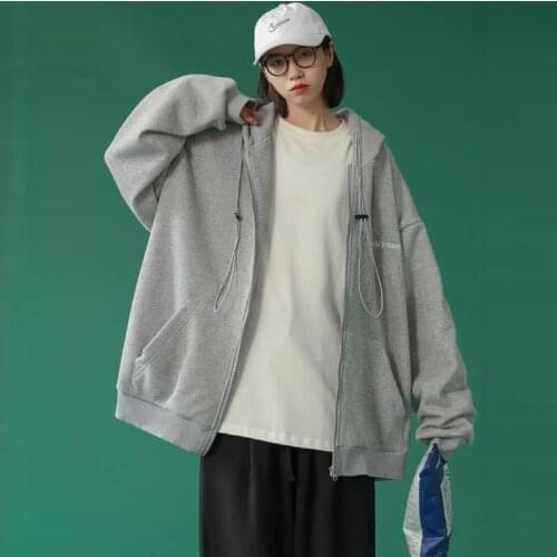Loose Sports Cardigan Hooded Sweater Grey Hip Hop Harajuku Top Solid Color Pocket Jacket Women 2021 Spring Autumn Zipper Jacket