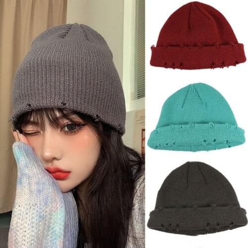 Hole Knitted Hat Women Hip Hop Skullcap Sailor Cap Short Melon Skin Beanies Autumn Winter Casual Unisex Casual Cotton Warm Caps