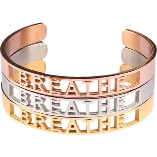 URSJEWELRY Engraved BREATHE Inspirational Stainless Steel Bracelet for Women- Silver, Gold, Rose Gold 8mm Width Bangle Bracelets