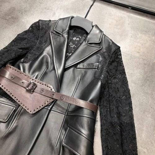 YOLOAgain women black lace sleeve real sheepskin leather jacket ladies black genuine leather blazer