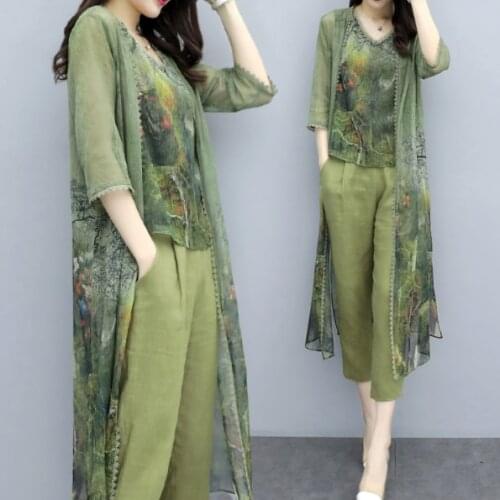 Summer Green Chiffon Printed 3 Piece Sets Women Plus Size Vest+cardigan+cropped Pants Suits Elegant Womens Sets Femme DG139