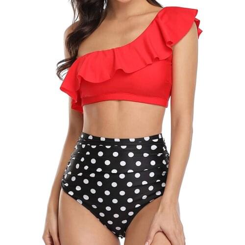 Womens Two Pieces Swimsuit One-shoulder Ruffled High-waisted Belly-covering Split Swimsuit sexy Backless printed Swimwear