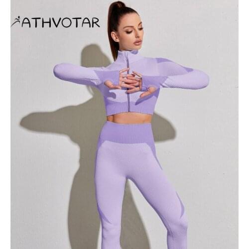 ATHVOTAR Women 2Pcs Suit Yoga Sports Seamless Bra Zipper Long Sleeve Set Push Up Leggings Fitness Breathable Tight Tracksuit Set