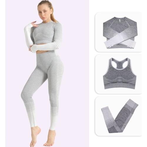 Women Gym Clothing Sports Wear Seamless Ombre Long Sleeve Yoga Set Legging Set High Waisted Fitnesss Suit Tight Work Out Suit