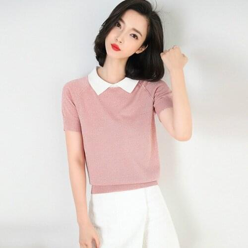 Girls Summer Simple Lapel Bow Sweater Shiny Thread Short Sleeve Womens Tops and Blouses Ladies Knitted Polo Shirt Pink Knitwear
