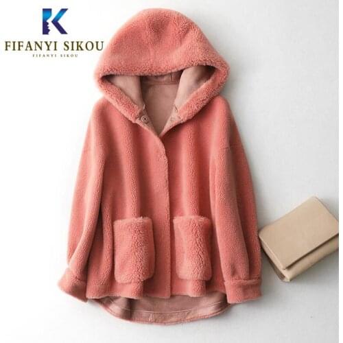 Winter Women Wool Fur Coat Fluffy Real Sheep Shearing Coat Female Plush Particles Natural Fur Jacket Thick Warm Hooded Coats
