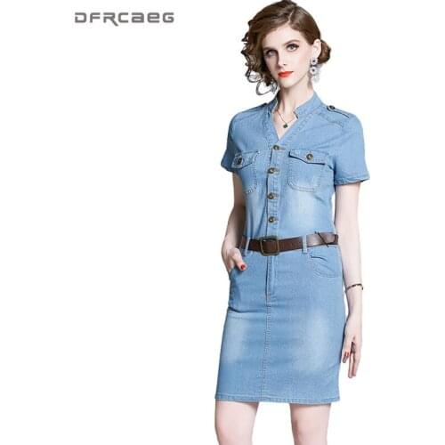Elegant Vintage Woman Summer Bodycon Denim Dress With Belt 2020 Streetwear Short Sleeve Knee Length Pencil Dresses Jeans Female