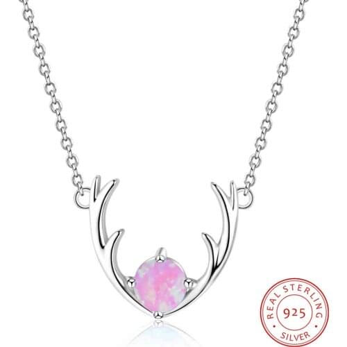Cute Elk Deer Antlers Necklaces for Girls 925 Sterling Silver Pink Opal Necklaces & Pendants Chain Necklace Women Jewelry Gifts