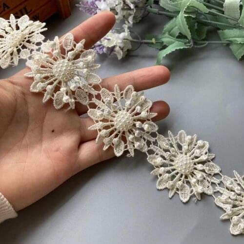 1 Yard Ivory Pearl Beaded Embroidered Flower Lace Ribbon Trim Floral Applique Patches Fabric Sewing Craft Vintage Wedding Dress