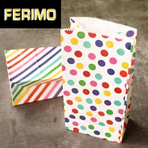 10pcs Colorful Dots Stripe Gift Bag Party Wedding Favor Cookie Candy Bags Birthday Food Treat Bag Open Top Paper Bag