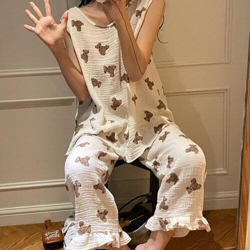 MILANCEL 2021 Summer New Family Look Bear Print Pajamas Vest and Pants 2Pcs Korean Mom Suit Sleepwaer for Mom