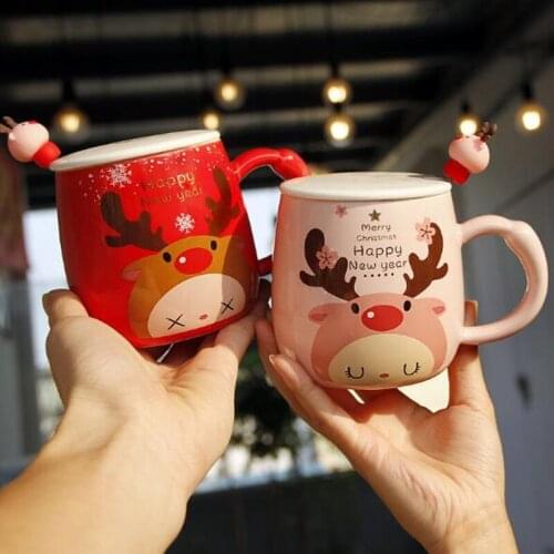 350ml Ceramic Mug Creative Coffee Cup With Lid And Spoon Tea Milk Cups Child Christmas Elk Mugs Kids Gift Red Pink Couple Cups