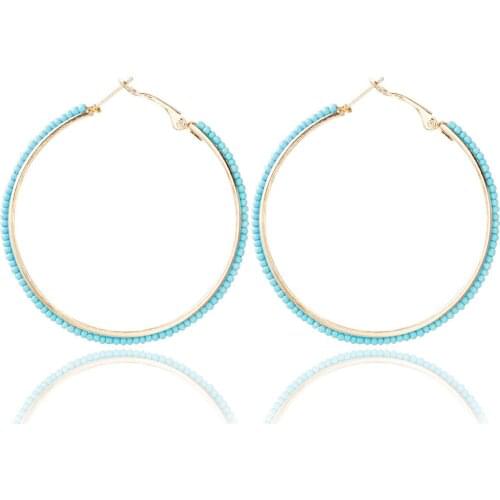 50mm Bohemian Ethnic Style Hoop Earrings Female Popular Boho Blue Color Round Bead Loop Earrings Jewelry Wholesale Brincos Gift