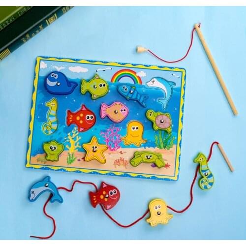 Children Wooden Magnetic Fishing Game Board Jigsaw Puzzles Interactive Play Toy