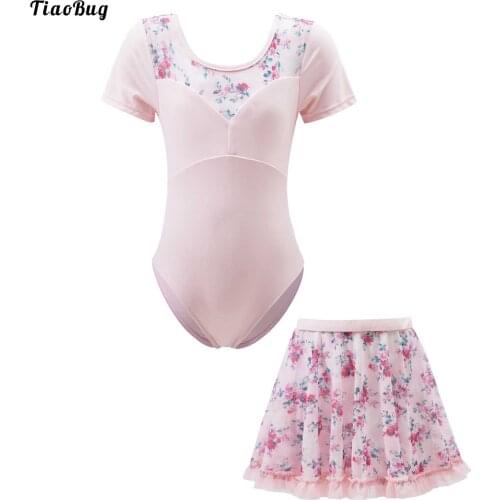 TiaoBug Kids Girls Ballet Dance Stage Performance Costumes Outfits Short Sleeves Print Leotard And Elastic Waistband Skirt
