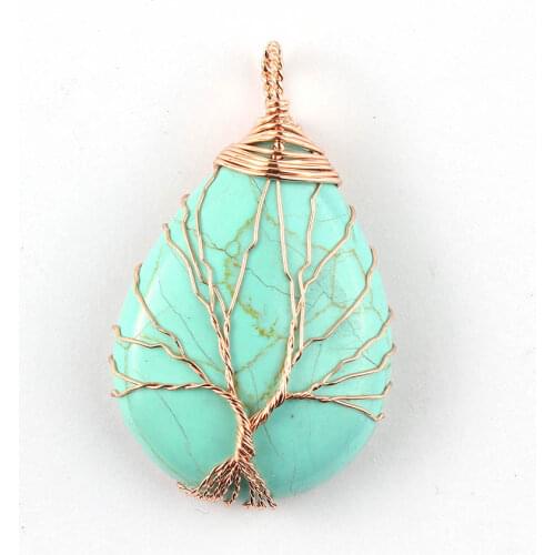 Trendy-beads Rose Gold Color Wire Wrapped Water Drop Green Turquoises Stone Pendant Fashion Jewelry For Gift