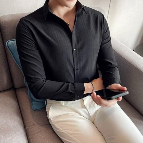 Hot Sale Black/White Business Formal Wear Striped Shirt Men Clothing Simple Slim Fit Long Sleeve Office Chemise Homme Tuxedo 3XL