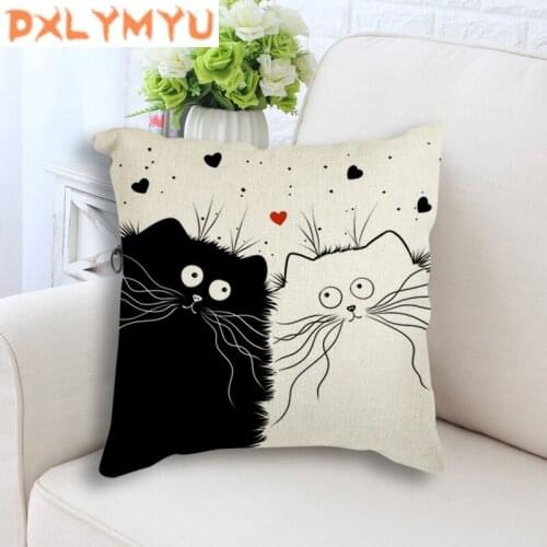 Cartoon Cat Painting Pillowcase Nordic Cushion Black Cats Throw Pillow Linen Cotton Seat/Back Cushion for Sofa Home Decor