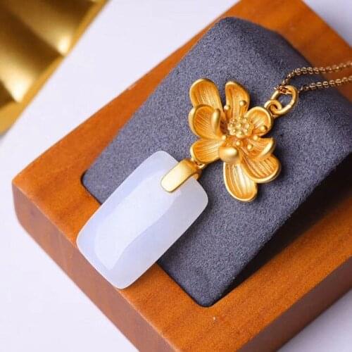 New silver inlaid natural Hetian white Chalcedony lotus Pendant Necklace unique ancient gold craft charm womens brand jewelry