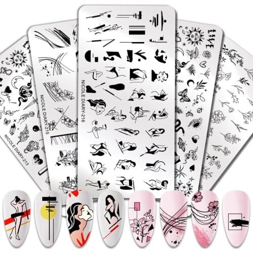 NICOLE DIARY Christmas Nail Stamping Plates Halloween Marble Flowers Image Printing Plates Geometric Stencil Nail Art Stamp Tool