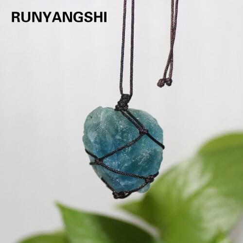 Natural Quartz Crystal Blue-green Fluorite Treatment Stone Ornament Pendant With Hand-woven Braided Rope Necklace