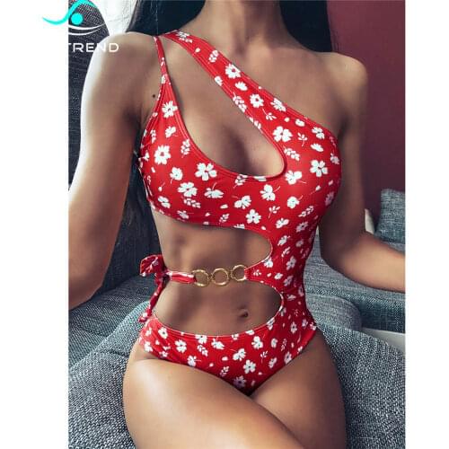2021 Asymmetrical Single Shoulder Floral Printed One Piece Swimsuit Women Cut Out Swimwear Female Monokini Bather Bathing Suit