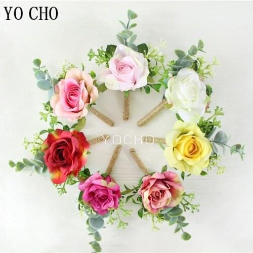 YO CHO Artificial Flower Boutonniere Wedding Wrist Corsage and Boutonniere Silk Rose Men Brooch Pins Girl Wrist Corsage Bracelet