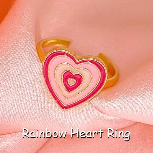Y2K Jewelry Pink Rainbow Heart Rings For Women Egirl Aesthetic Charm Retro Harajuku INS Ring 90s Fashion Friends Gifts Wholesale