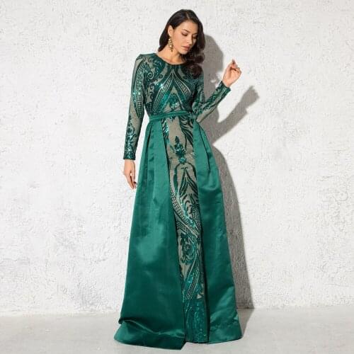 Green Sequined O Neck Full Sleeved Evening Party Dress Stretchy Floor Length Ball Gown with Detachable Train Burgundy