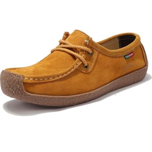 Women Leather Flats Shoes Casual Walking Shoes with Soft Sole Outdoor Female Loafers Lace Up Suede Stitching