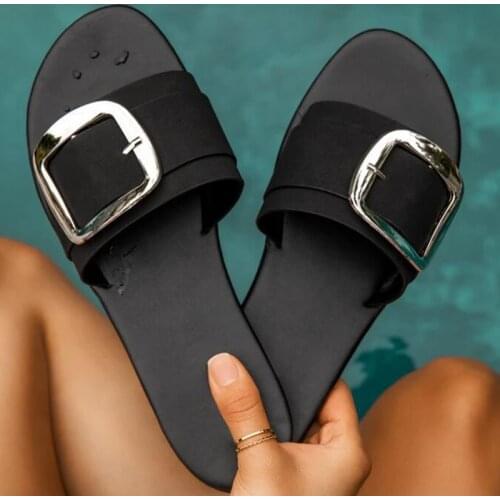 MCCKLE Womans Slippers Women Metal Buckle 2021 Summer Outdoor Flat Beach Shoes Fashion Square Toe Female Slides Laides Slippers