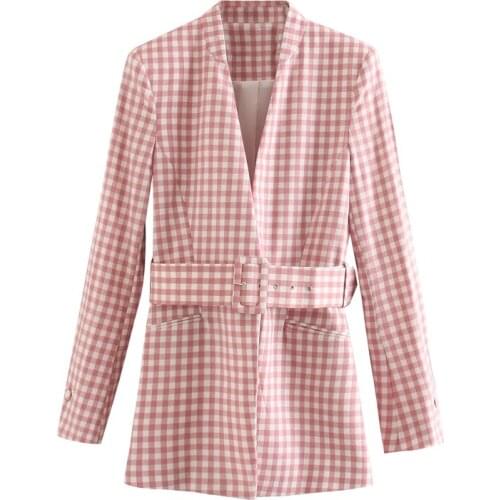 MESTTRAF Women 2021 Fashion Lattice With Belt Collarless Blazer Coat Vintage Long Sleeve Pockets Outerwear Streetwear