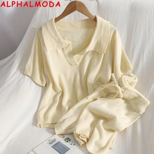 ALPHALMODA 2021 Turn-down Collar Summer Short-sleeved Pullover Top + String Waist Wide Leg Shorts Women 2pcs Casual Knit Suit