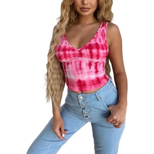 Women Spaghetti Strap Tie-Dye Camisoles Summer Holiday Deep V Neck Sleeveless Open Back Camis Tank Top Fashion Gradient Tank Top