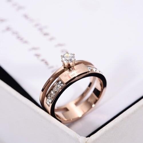 YUN RUO Rose Gold Color Ladys Wedding Ring Zircon Inlay Love Forever Christmas Gift for Woman Fashion Titanium Steel Jewelry