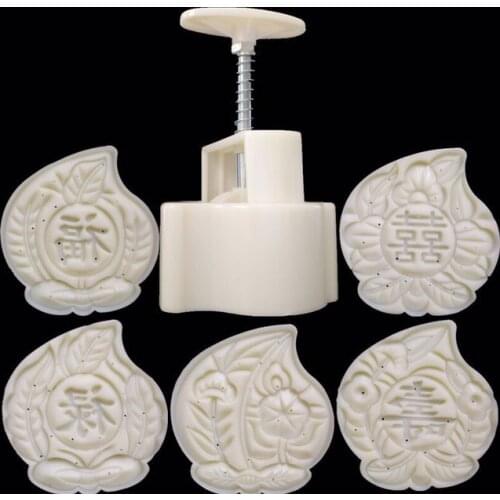 125g white peach shape Moon Cake Molds with 5 Stamps plastic hand pressure chinese moon cake mould,50sets/lot