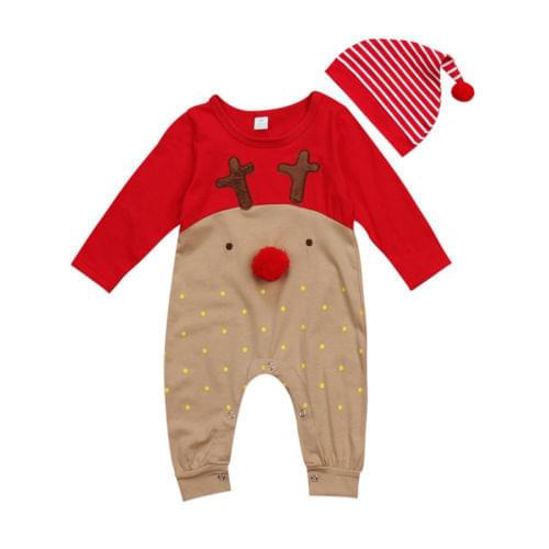 Baby Clothing Baby Boy Girl Long Sleeve Fall Romper Patchwork Jumpsuit +Hat 2Pcs Xmas Clothes Outfits