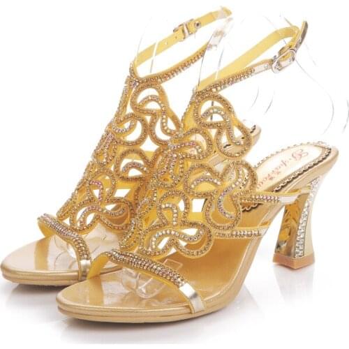 2019 New Fashion Gold Rhinestones Clover Pattern Rough Heel Sandals High Heels Ceremony Dinner Shoes Party Shoes 8CM