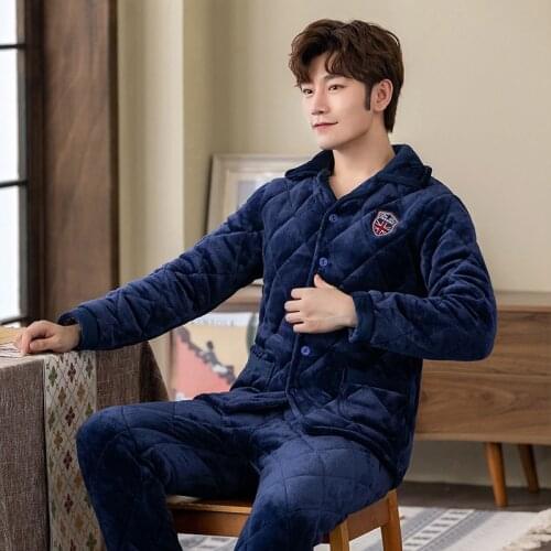 2019 Winter Warm Thick Femal Flannel Sleepwear Suit 2 Pcs Pyjama Homme Warm Casual Home Clothing For Men