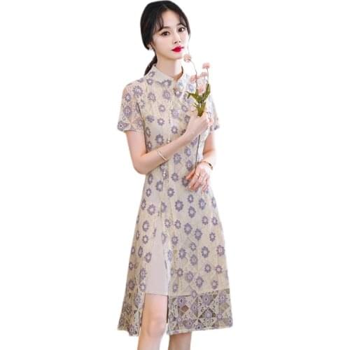 2021 chinese improved lace cheongsam vintage aodai dress stand-up collar elegant split qipao oriental retro wedding party dress