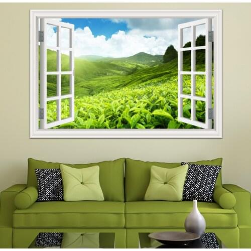 3D Window View Green Landscape wall sticker Removable Tea Garden Wall Stickers Mural Art Sticker Poster and prints