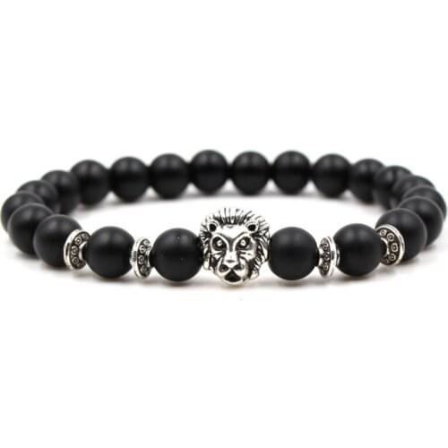 8mm hg2 gold silver ball Frosted agate Onyx nature black stone Lion head Bracelet Reiki Chakra Fashion