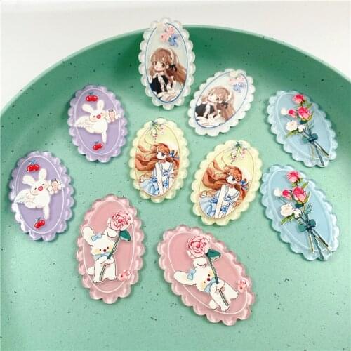 40pcs/lot flowers/girls pattern print geoemtry ovals shape acrylic beads without holes diy jewelry earring/garment accessory