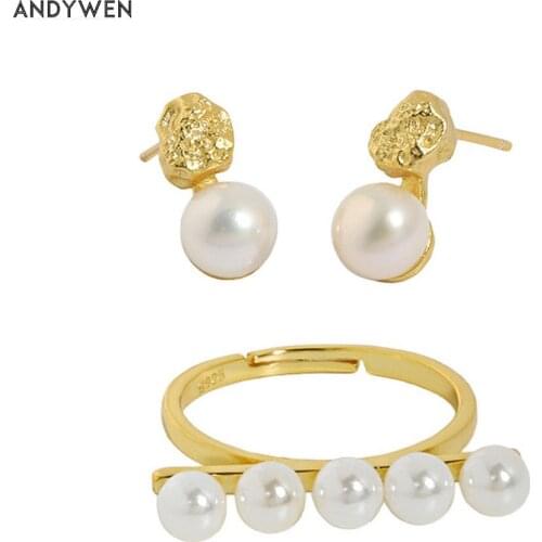 ANDYWEN 925 Sterling Silver Gold 18k Gold Pearl Huggies Piercing Hoop Earring Drop Earring Ring Women CkipsJewelry Set