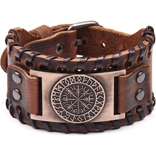 Black Brown Viking Mens Bracelets Norse Vegvisir Nordic Bracelet with Runic Compass Celtic Pagan Jewelry of Talisman