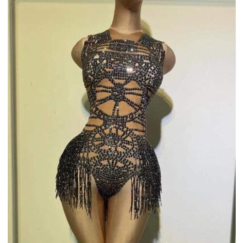 Black Fringe Spandex Bodysuit Bar Prom Birthday Rhinestone Tassel Stage Wear Women Dance Singer Sleeveless Clothes