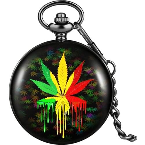 Colorful Maple Leaf Printed Design Quartz Pocket Watch Vintage Smooth Black Unisex Pendant Clock Arabic Numerals Display Dial