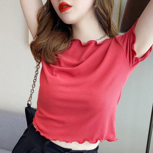 T-shirt female short sleeve summer girlfriends slim slim fungus lace solid color bottoming shirt Joker top