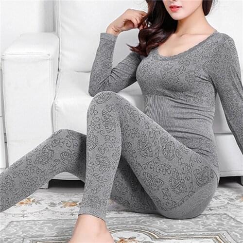 2Pcs Autumn Winter Women Pajama Sets Thermal Solid Print Seamless Long Sleeve O Neck Top Elastic Pants Ladies Sleepwear Set