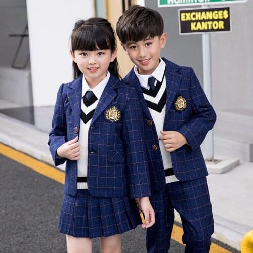 Children Class Suit Set Boys Girls College School Uniform Performance Costume Kids Plaid Blazer Jackets Pants 2pcs Clothes Sets